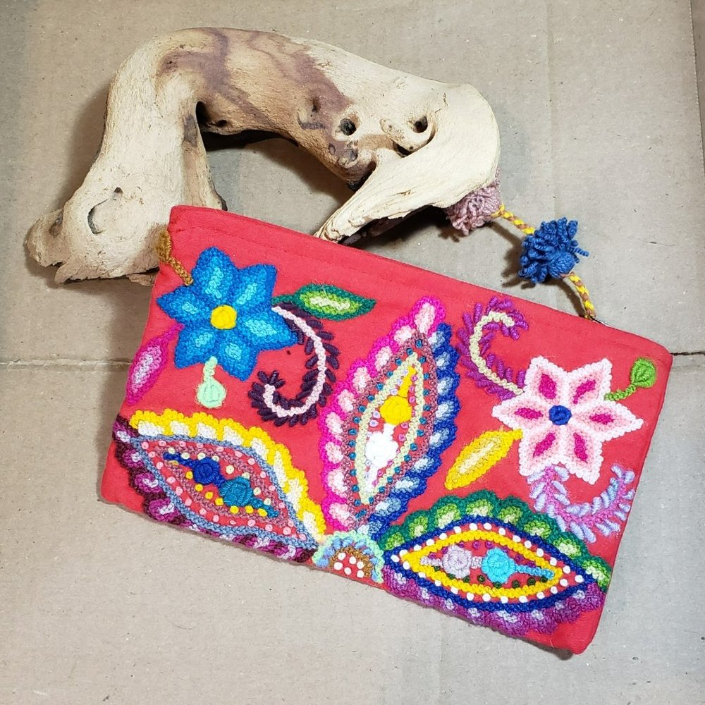 Hot Pink Hand Made Embroidered Floral Cosmetic Bag